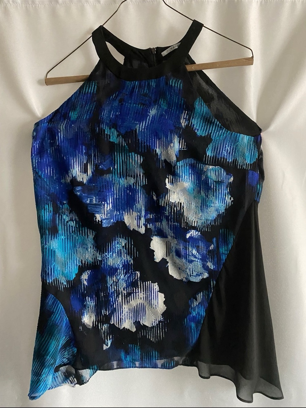 NWOT T Tahari Black Halter Blouse with Blue & Teal Floral Print